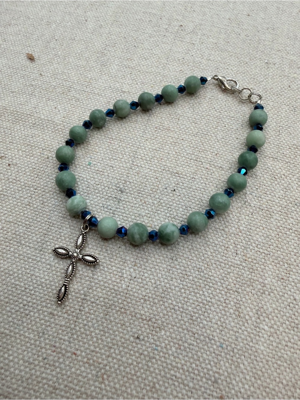 Green Beaded Bracelet with Silver Cross Charm